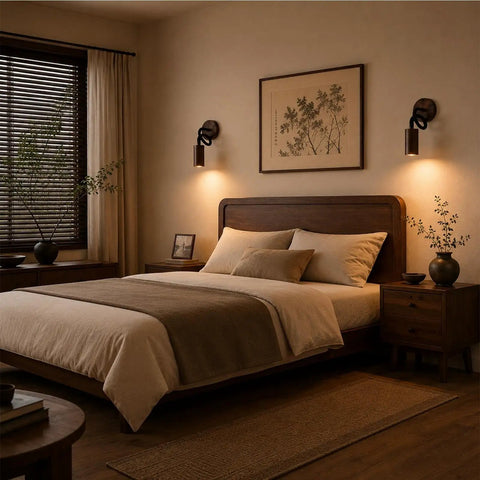 Adjustable Gooseneck Wall Sconce, Modern Wood Grain Wall Lamp in cozy bedroom setting with wooden furniture and soft lighting.