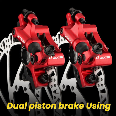 HB-100 Cable-Actuated Hydraulic Disc Brake Caliper Set for MTB, Road and E-Bike Front and Rear Pair With Built-In Brake Oil Upgraded Line-Pull Clamp Red Finish for Fast, Smooth Stopping, dual piston red calipers