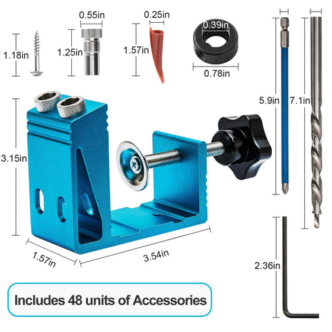 Complete Pocket Hole Jig Kit With Drill Guide for 15 Degree Angled Holes in blue, showing accessories.