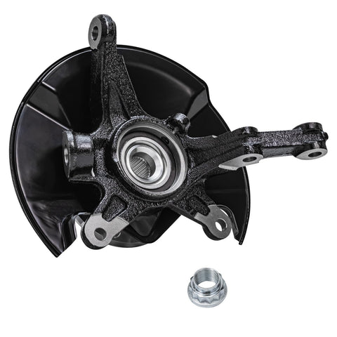 Front view of Front Wheel Hub Bearing And Steering Knuckle Assembly Kit For 2006 2011 Honda Civic, black metal part with bearing
