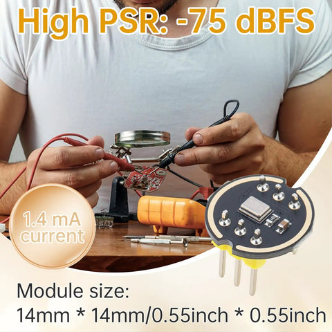Person soldering electronic circuit with image of 5 Pack INMP441 Omnidirectional MEMS Microphone Module Plug And Play With I2S Digital Interface 24 Bit High Precision Low Power For ESP32 DIY Builds Includes 40 Pin Female To Female Jumper Cable.