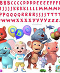 Cocomelon Giant Peel And Stick Wall Decals With Alphabet, 134 Piece Set for Kids Room Decor, featuring characters and colorful letters.