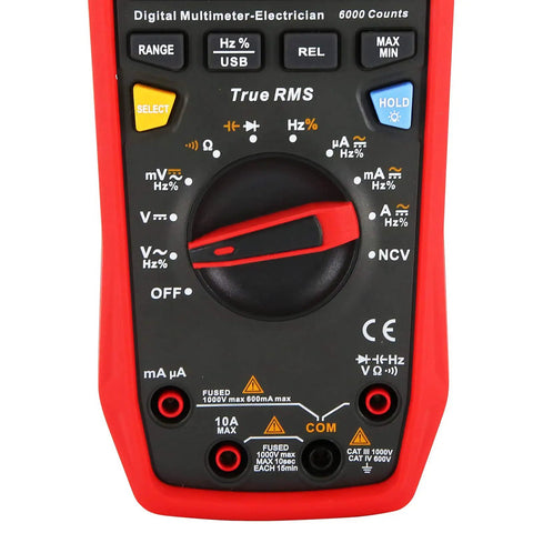 Close-up of UT161B True RMS Digital Multimeter Workhorse with 6000 Counts and 1000V AC DC NCV dial and settings