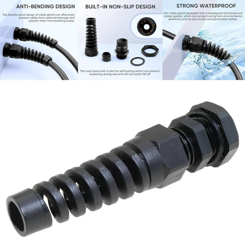 NPT Three Eighths Inch IP68 Waterproof Cable Gland Bend Relief Spiral Strain Relief Black Nylon Connector