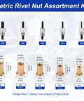 Rivet Nut Tool Kit With 430 Piece Metric Rivnuts Set M3 M4 M5 M6 M8, showing various sizes and thread pitches on display.