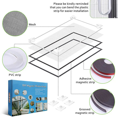 Adjustable DIY Magnetic Window Screen With Fine Fiberglass Mesh For 23 By 32 Inch Openings In White Window Frames With Grey Mesh Lightweight Durable Yet Breathable Easy To Install And Reusable Keeps Bugs Out While Letting Fresh Air In