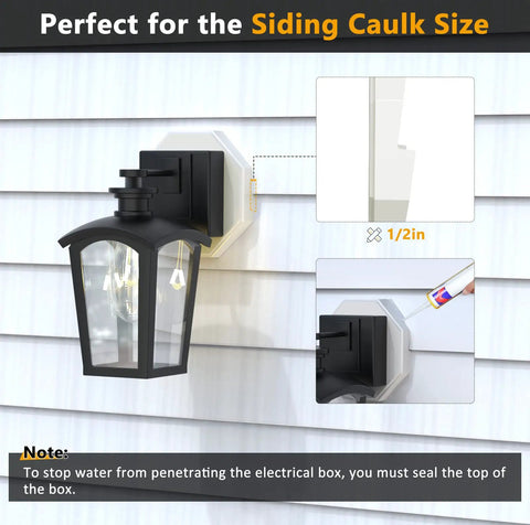 DIY Friendly Siding Mounting Block Kit With Built-In Electrical Box For One Half Inch Lap Siding, Vertical Lamp Mounting Plate, White Textured Plastic, Paintable Finish, Easy Install For Siding Light Blocks mounted on white 1/2-inch lap siding with wall lantern
