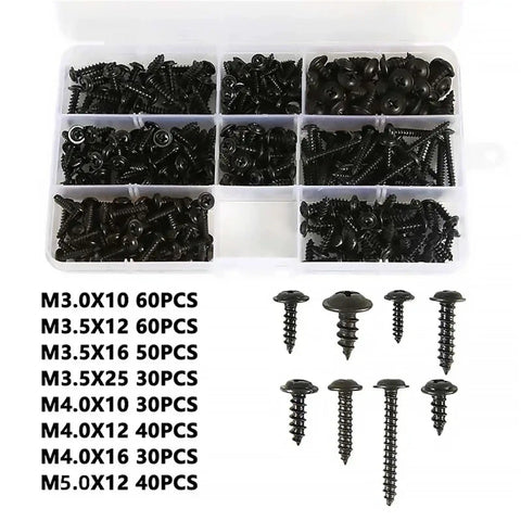 340-Piece Cross Head Self-Tapping Screws Kit With Washers, Carbon Steel M3 M3.5 M4, black screws in organizer