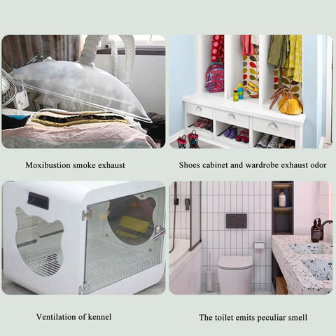 Moxibustion smoke exhaust, shoe cabinet, kennel ventilation, toilet odor solutions with various extractors and fans.