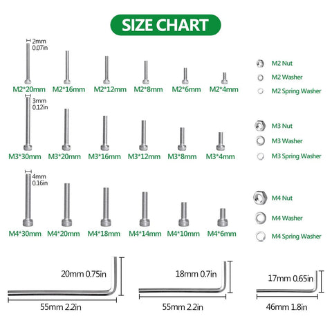 DIY Ready 1400 Piece Metric Screw And Nut Kit In 304 Stainless Steel M2 M3 M4 Bolts Size Chart