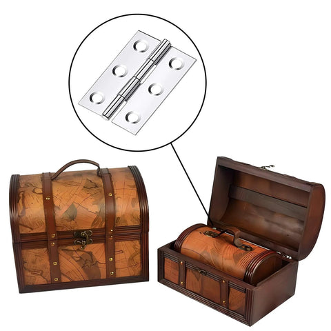 Close-up of 2-inch stainless steel folding hinge with screws for wooden boxes; 20-pack