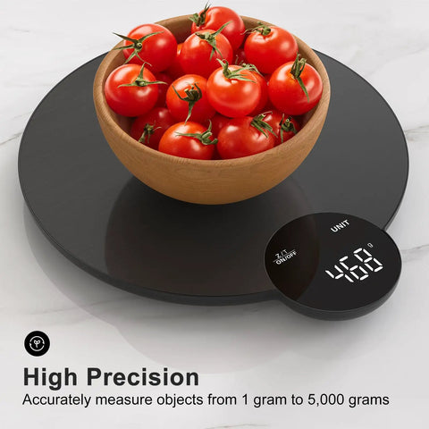 Precision Food Scale With 1 Gram And 0.1 Ounce Accuracy Digital Kitchen Scale With HD LED Display showing tomatoes in wooden bowl