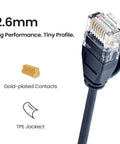 Cat6A Ultra Slim Ethernet Patch Cable 20 Ft 34AWG U/UTP Black TPE Jacket with Gold-Plated Contacts for Fast Internet