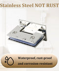 Durable Chrome Glass Shower Door Hinge For Frameless Bathroom Doors With 90 Degree Match Plus Heavy Duty Rubber Protectors Designed For Easy Peasy Mounting So You Enjoy Zero Drama Quick Setup Always, Stainless steel hinge with water droplets.