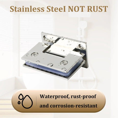 Durable Chrome Glass Shower Door Hinge For Frameless Bathroom Doors With 90 Degree Match Plus Heavy Duty Rubber Protectors Designed For Easy Peasy Mounting So You Enjoy Zero Drama Quick Setup Always, Stainless steel hinge with water droplets.