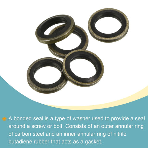 Bonded sealing washers M10 15.5x10x2mm; carbon steel outer with nitrile rubber inner, front view; five shown.