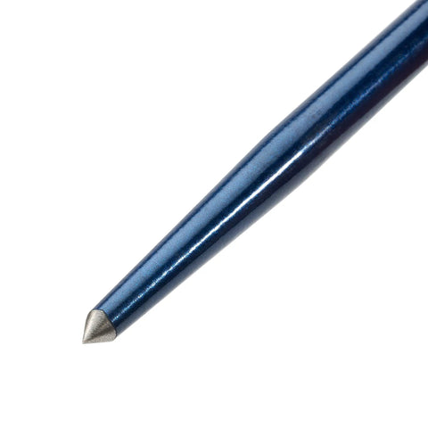 Close-up of the metal tip of the Roll Head Pry Bar 12 Inch Beefy Heavy Duty Chrome Alloy Steel Built Tough For Construction And Automotive Projects.
