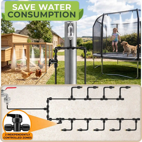 Outdoor Misting System For Patio Cooling, 33 Ft Fine Mist Mister Kit With Flexible Rod Nozzles in a backyard setup.