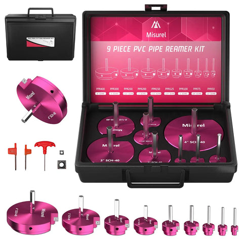 Complete 9 Size PVC Pipe Reamer Kit With Carbide Inserts And Aluminum Fitting Saver shown with tools and case