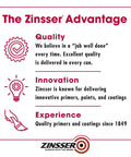 Zinsser Advantage highlighting quality, innovation, experience in primers, paints, and coatings with icons and text.