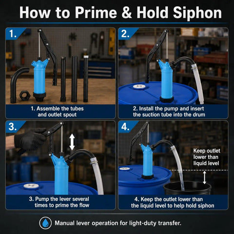 How to prime and hold siphon for Heavy Duty 55 Gallon Drum Pump With Ergonomic Lever Handle For Moving Motor Oil Diesel Fuel Water Alcohol Kerosene And Gear Oil Fast Flow Rate Includes Built In Filter Keeps Grime Out Smooth Work Makes Pumping A Breeze Shop Use.