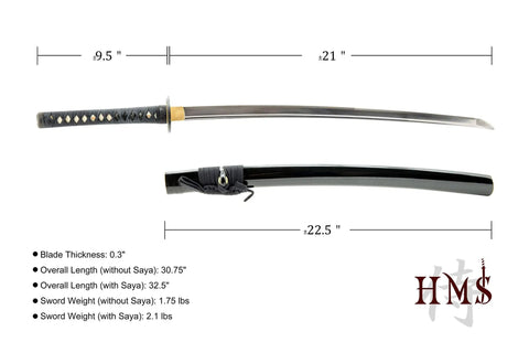 Unsharpened Stainless Steel Wakizashi Iaito For Iaido Training 21 Inch Practice Sword with dimensions displayed