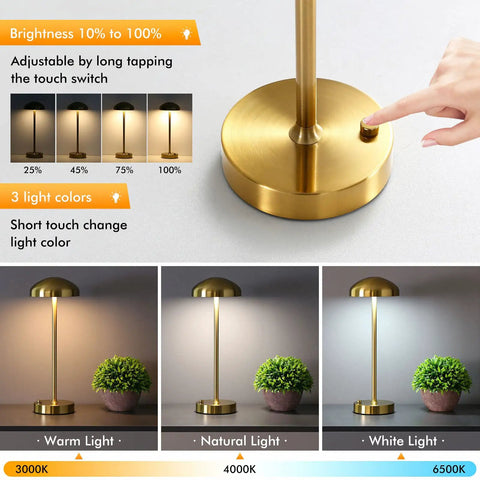 Cordless LED Table Lamp With Touch Sensor, Dimmable Brightness And Three Color Modes, Rechargeable Battery Powered Night Light
