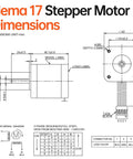 Technical drawing showcasing Nema 17 Stepper Motor dimensions and wiring, including focus keyword 5Pack Nema 17 Stepper Motor 1.8 Degree 2 Phase High Torque 0.6Nm.