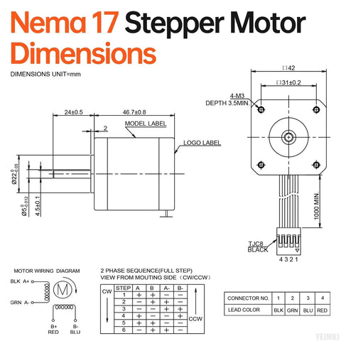 Technical drawing showcasing Nema 17 Stepper Motor dimensions and wiring, including focus keyword 5Pack Nema 17 Stepper Motor 1.8 Degree 2 Phase High Torque 0.6Nm.