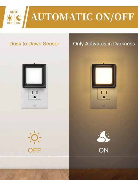 Plug In Wall Night Light Four Pack With Dusk To Dawn Sensor showing auto on/off feature in darkness and light setting.