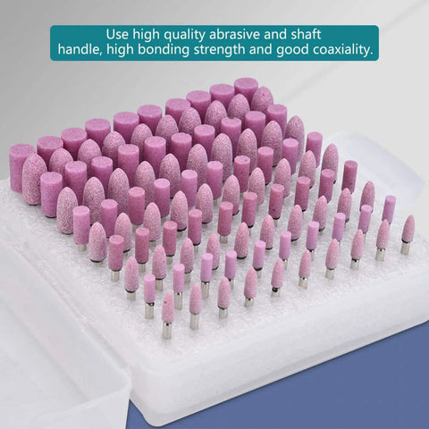 100 Pieces Polishing Stone Head Pro Grade Set For Grinder With 3mm Shank, Multipurpose Grinding Wheel Burr Bits in packaging