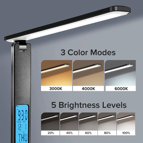 Desk Lamp With 10W Wireless Charger And USB Port, Clock LCD Display, Dope All In One Charging Station showcasing color modes and brightness levels.