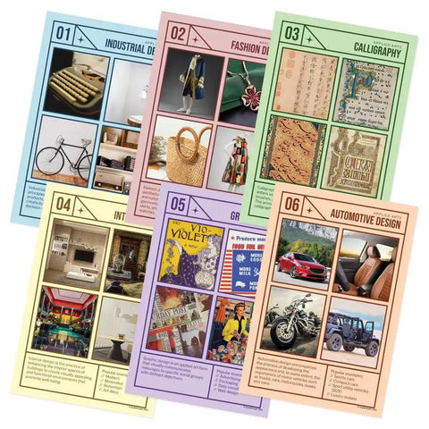 Six Poster Applied Arts Set for Classrooms, 12x18 Inch Design Posters Covering Industrial, Fashion, Calligraphy, Interior, Graphic, and Automotive Design, K-12 Teaching Materials, Made in USA displayed in a fan layout