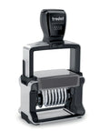 Heavy Duty Eight Band Self Inking Number Stamp With Slick Stainless Steel Dials And Killer Bold Black Ink, angled view.
