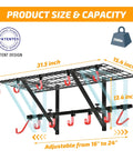 Diagram showing Heavy Duty Garage Wall Shelves With Bike Hooks, Adjustable Wall Mount Organizer, Black, 2 Pack dimensions.