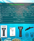 DL05 6000LM Scuba Dive Light for Night Diving and Snorkeling Beast Bright Underwater Flashlight specs and contents display