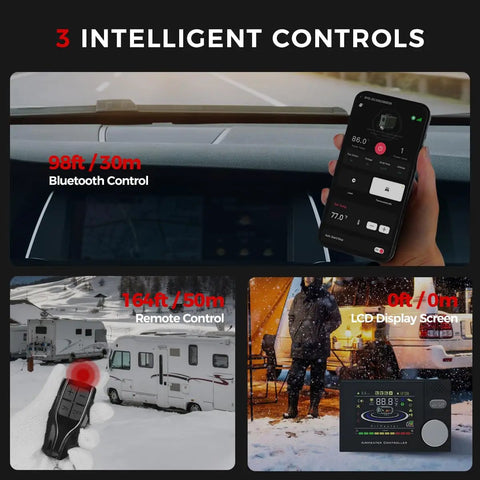 Image showing Bluetooth and remote controls with LCD display for the 8Kw Portable Diesel Heater for vans and RVs.