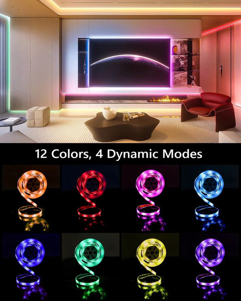 Rgb Led Strip Lights With Motion Sensor And Timer, Color Changing Led Tape For Bed Stairs Shelf Desk And Cabinets, 12 Static Colors Plus 4 Dynamic Modes in a modern living room setup with TV accent lighting.
