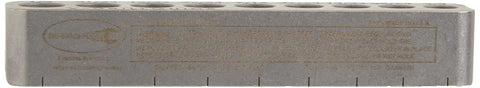 Side view of perpendicular drill guide showing nine drill holes, made of heat treated nickel alloy steel for precise holes.