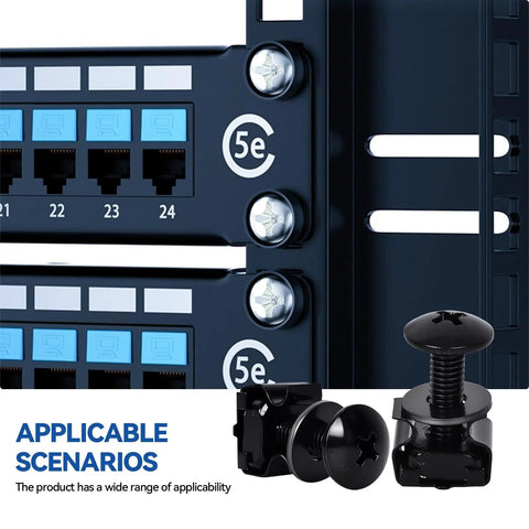 Heavy Duty 10/32 Thread Rack Screws With Snap In Cage Nuts And Nylon Washers For Server Racks Network Gear And Audio Cabinets close-up on rack installation.