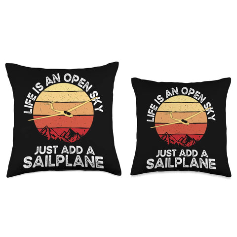 Glider Pilot Enthusiast Throw Pillow For Sailplane Lovers Soaring Adventurer Home Decor Cushion Celebrating Flying Aviation Passion Gearhead Vibe For Aviation Fans And Sailplane Aficionados with sunset design and text "Life is an Open Sky, Just Add a Sailplane”