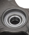 Close-up of front steering knuckle and wheel bearing hub assembly driver side for Ford Escape 2005-2012 heavy duty.