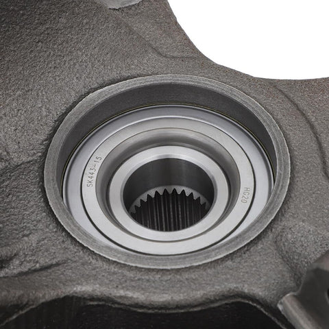 Close-up of front steering knuckle and wheel bearing hub assembly driver side for Ford Escape 2005-2012 heavy duty.