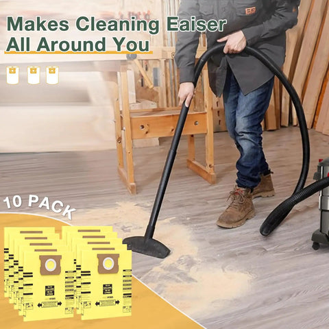 Man using wet dry vacuum with 10 Pack 10-14 Gallon Vacuum Bags for Wet Dry Vacuums, Disposable Collection Bags in workshop.