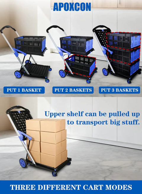 Dope Two Tier Collapsible Shopping Cart With Two Storage Crates And 360 Degree Swivel Wheels shown with varying crate configurations