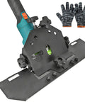 Adjustable 45 Degree Chamfering Guide for angle grinders with anti-slip base shown with safety gloves.