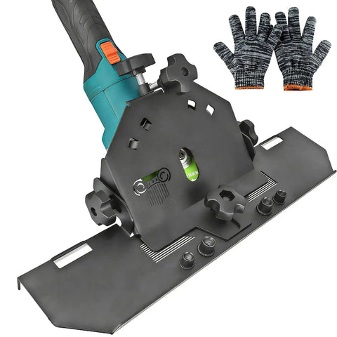 Adjustable 45 Degree Chamfering Guide for angle grinders with anti-slip base shown with safety gloves.