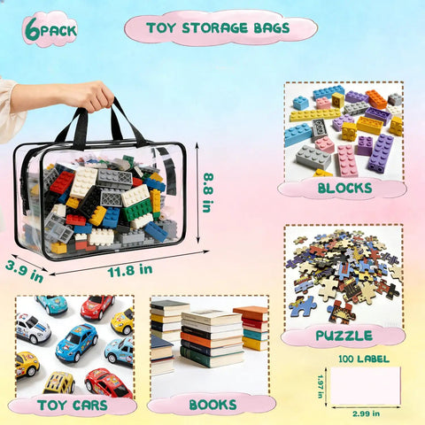 6 Pack Large Clear Toy Storage Bags With Double Zippers Travel Organizer Pouch Waterproof PVC With Handles for blocks