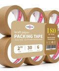 Eco Friendly Brown Kraft Paper Packaging Tape, Tough As Nails Heavy Duty Biodegradable Sealing Tape, Writable And Easy Tear By Hand, 2 Inch By 30 Yards, 6 Rolls Total 180 Yards For Moving, Shipping, And Storage
