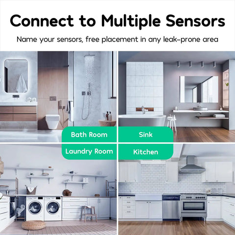 WiFi Water Leak Detector Kit, 3 Pack With 100dB Adjustable Alarm in bathroom, kitchen, laundry, and sink areas